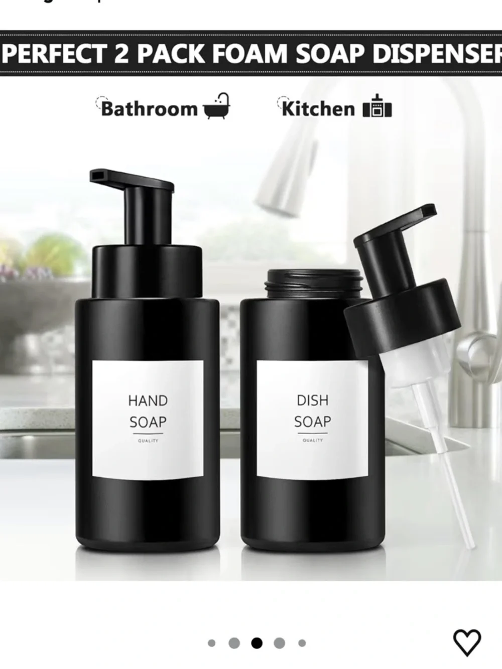 Matte Black Foaming Soap Dispenser Set of TWO 10 oz/300ml Waterproof Labels